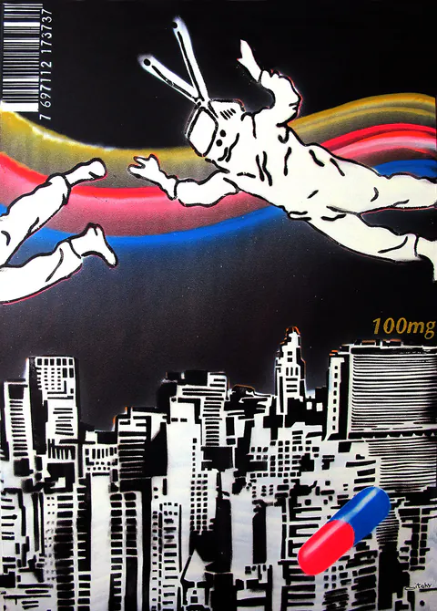 Obra Tv Nauta de Celso Gitahy, Spray (stencil) sobre Tela, 2012