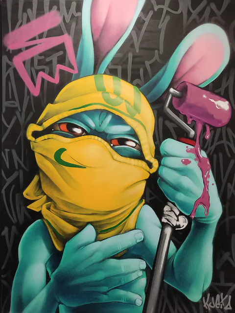 Obra Nosso crime é fazer arte de Kueio, Spray sobre tela, 2017