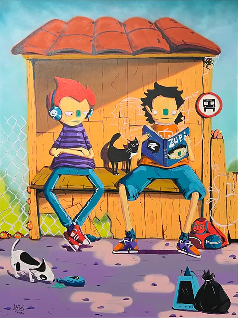 Obra A volta pra casa de Meio Killo, Técnica mista (spray e acrílica) sobre tela