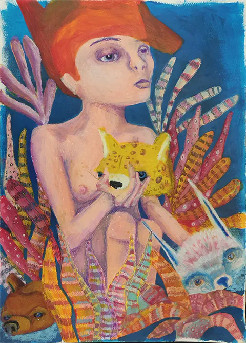 Obra Love me for who I am de Kot, giz pastel e acrilica sobre tela, 2016