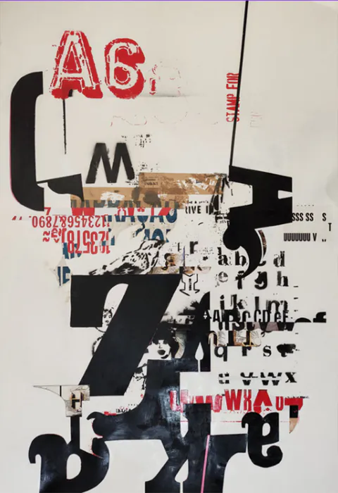 Obra Sem Título de Daniel Melim & Marcos Mello, Colagem com antigas impressões originais em Letterpress e stencil sobre papel 300g, 2022
